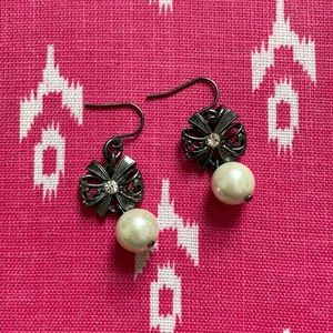 Bow and pearl black drop earrings